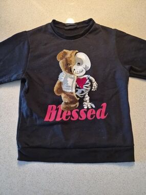 Men's Black Crewneck Sweatshirt with Teddy & Skeleton 'Blessed' Graphic